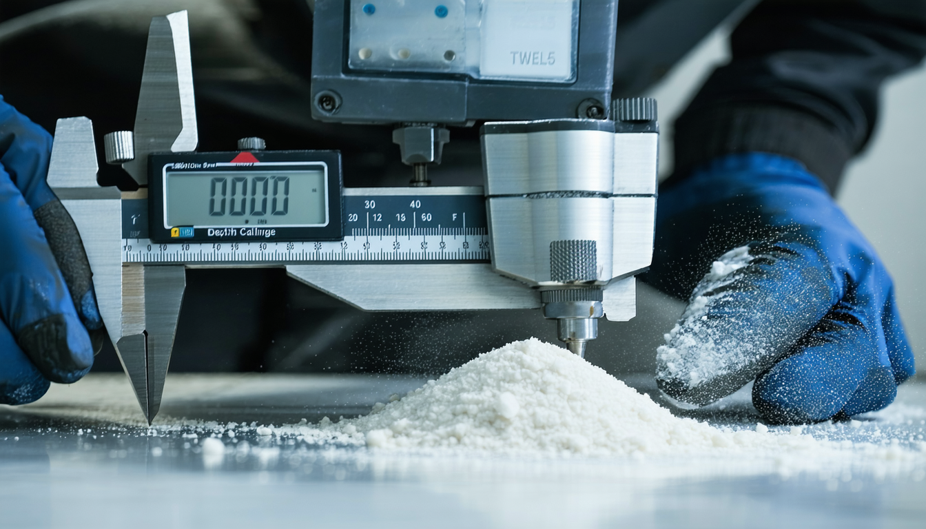 Technicians measuring dust with digital calipers on factory floor.