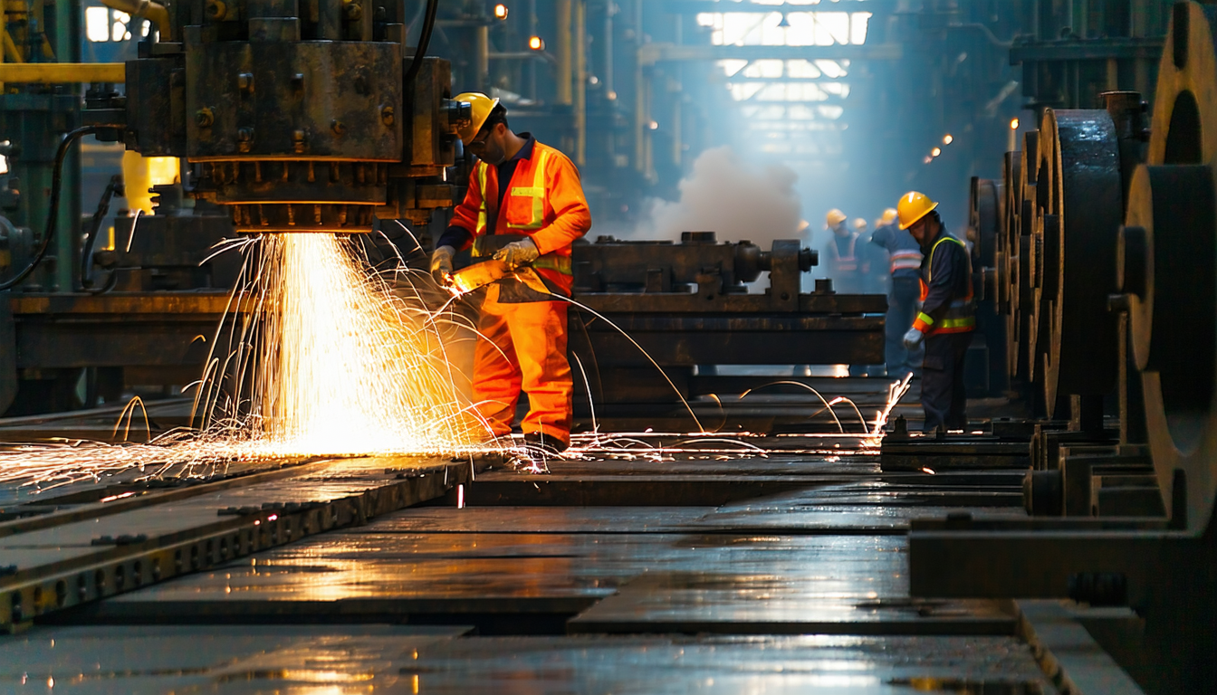 Metalworking facility with sparks and protective gear.