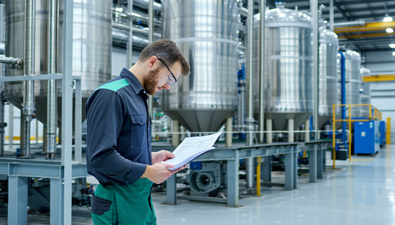 Technician reviewing documents near industrial dust collector.