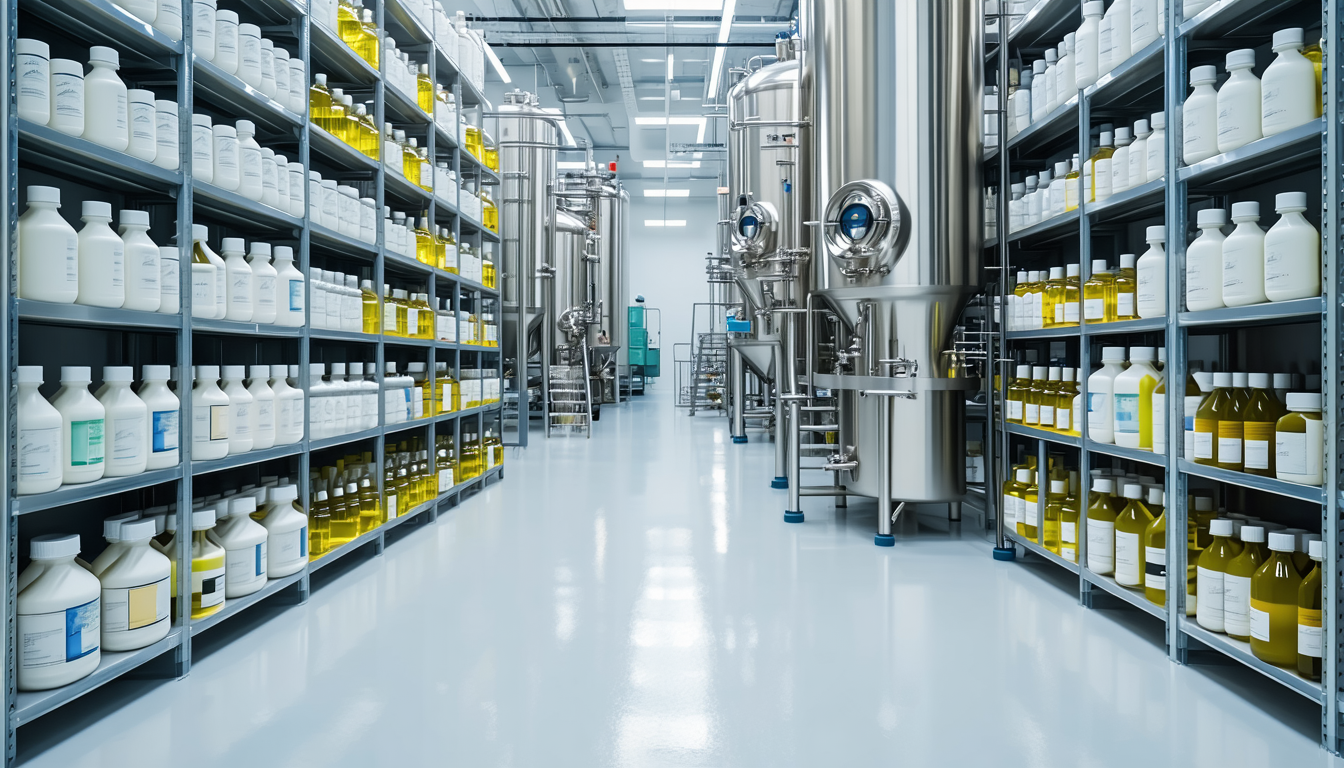 Pharmaceutical facility with bulk chemicals and processing equipment.