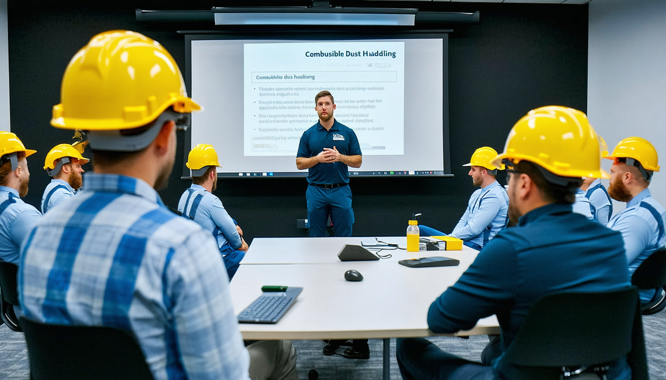 Workers in a training session on combustible dust safety with instructor and visual aids.