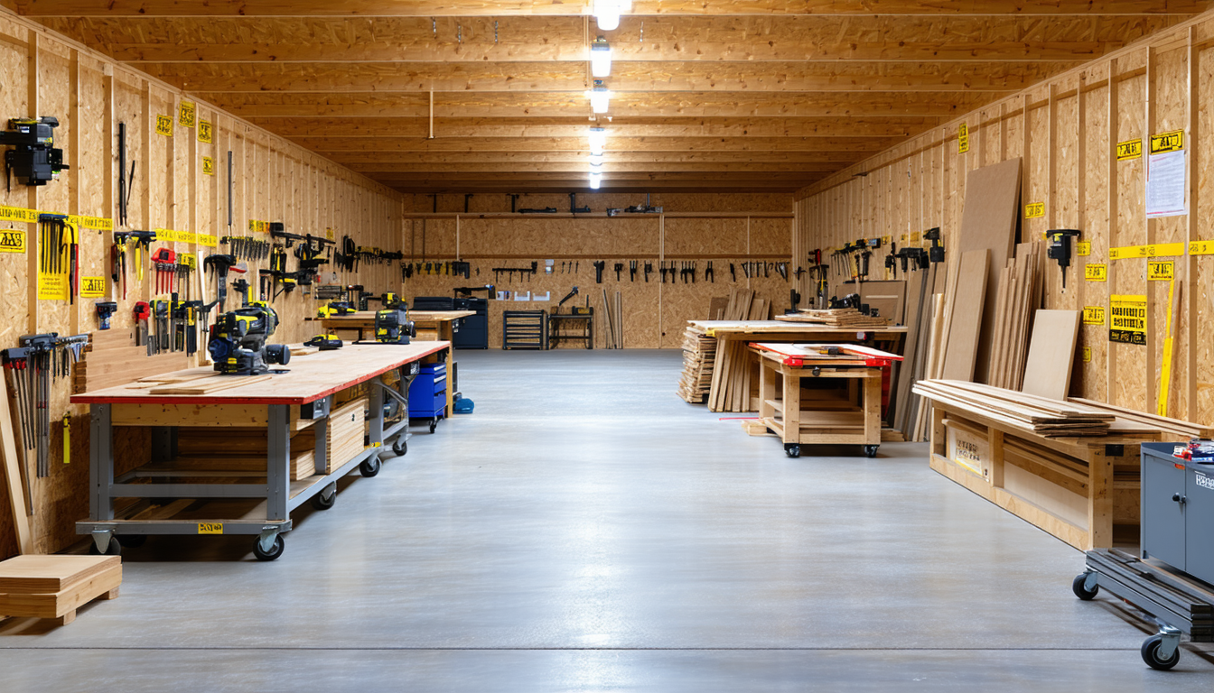 Woodworking facility interior with safety signs, organized tools.