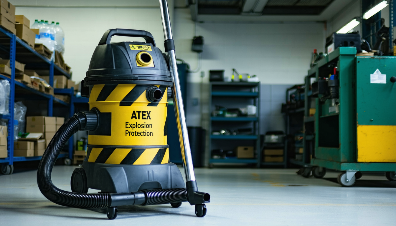Vacuum with ATEX markings in workshop setting.