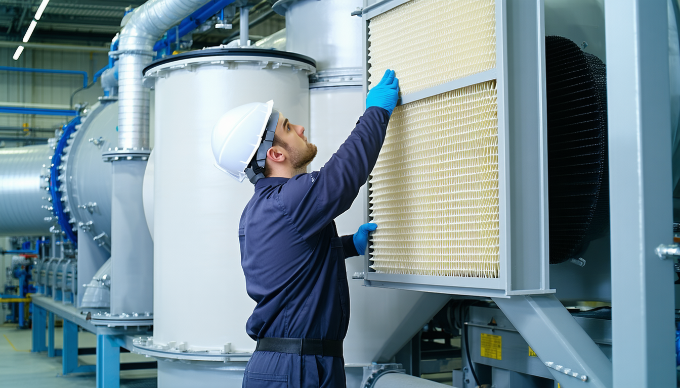 Technician replacing filters on dust collector in an industrial plant.