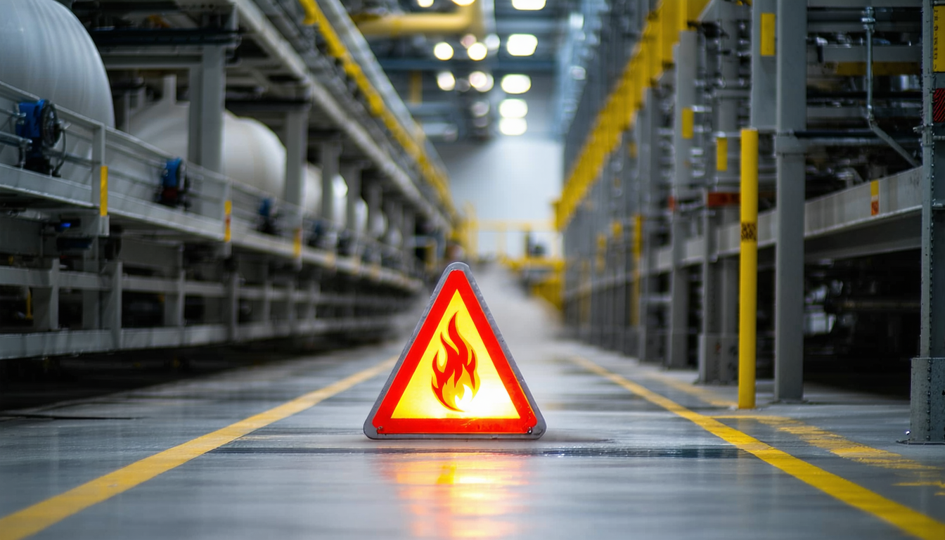 Combustible dust warning sign in facility interior.