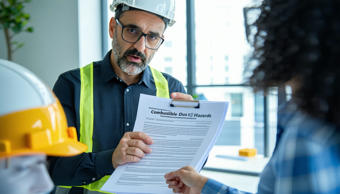 OSHA inspector and employer discussing safety protocols in an office.