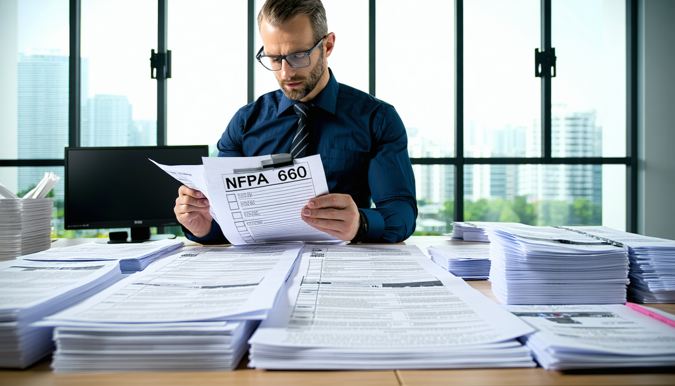 OSHA inspector reviewing NFPA 660 documents and checklist.