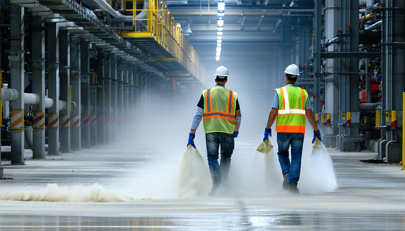 OSHA inspectors assessing dust patterns during facility walkthrough.