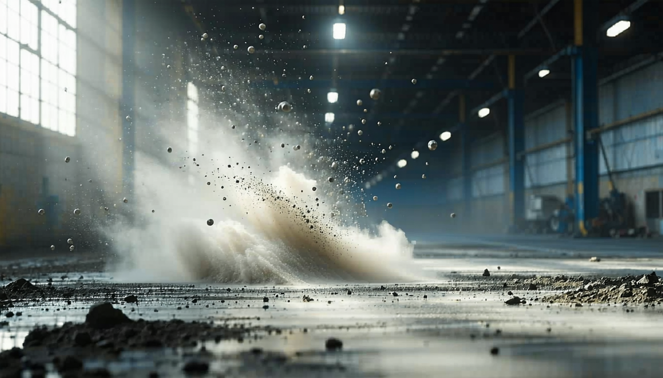 Airborne particles in an industrial space, showing explosion hazard.