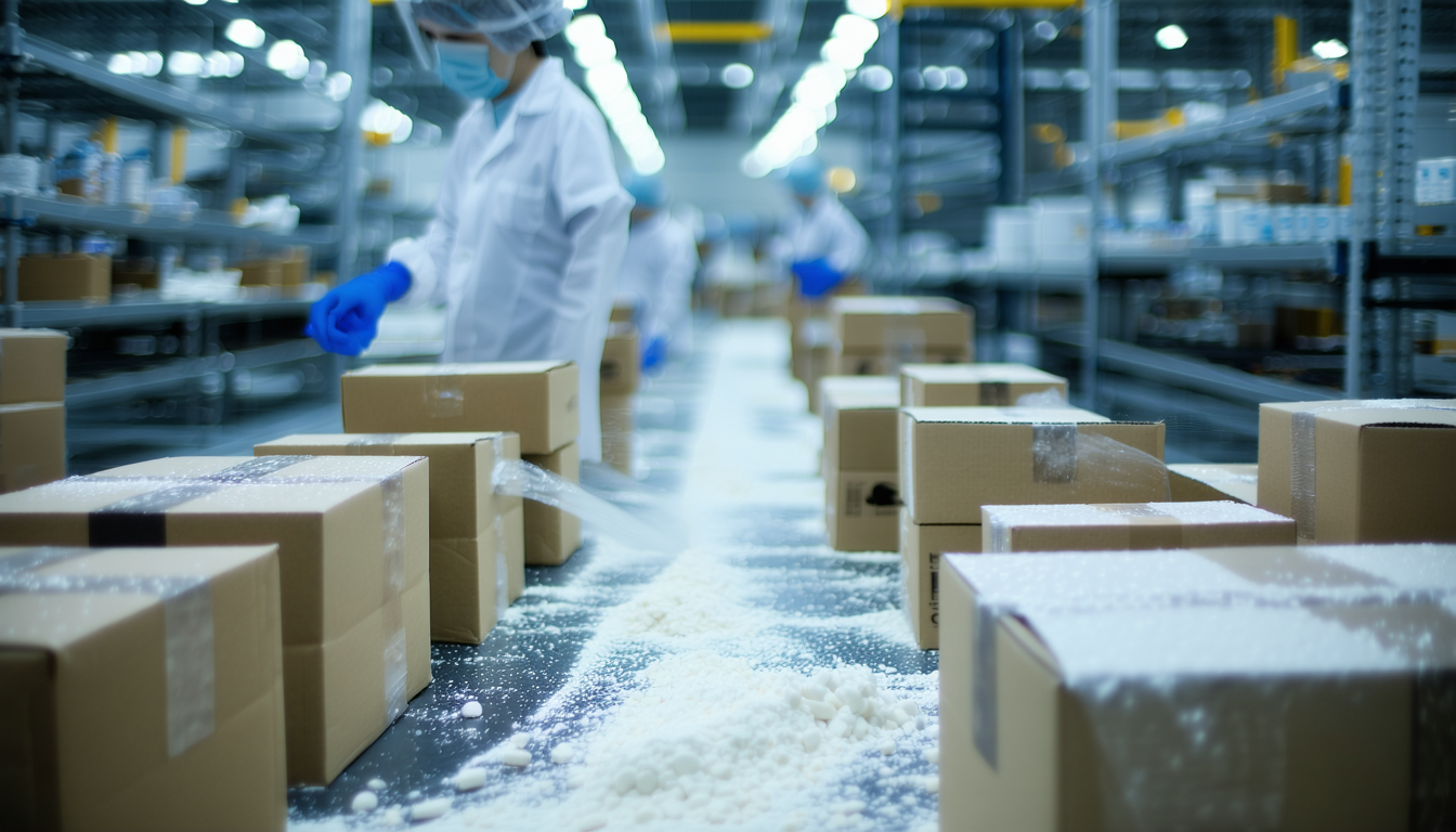 Pharmaceutical packaging area with plastic dust and operators at work.