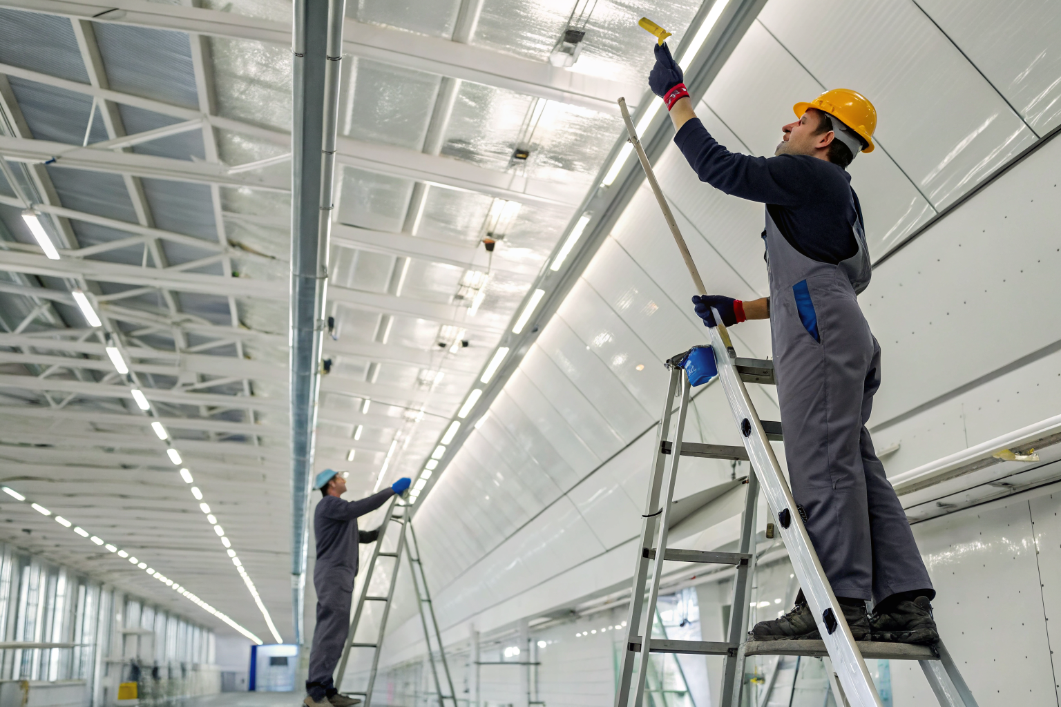 Factory workers cleaning overhead surfaces before inspection.