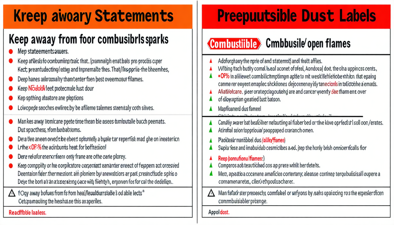 List of precautionary statements for combustible dust labels.
