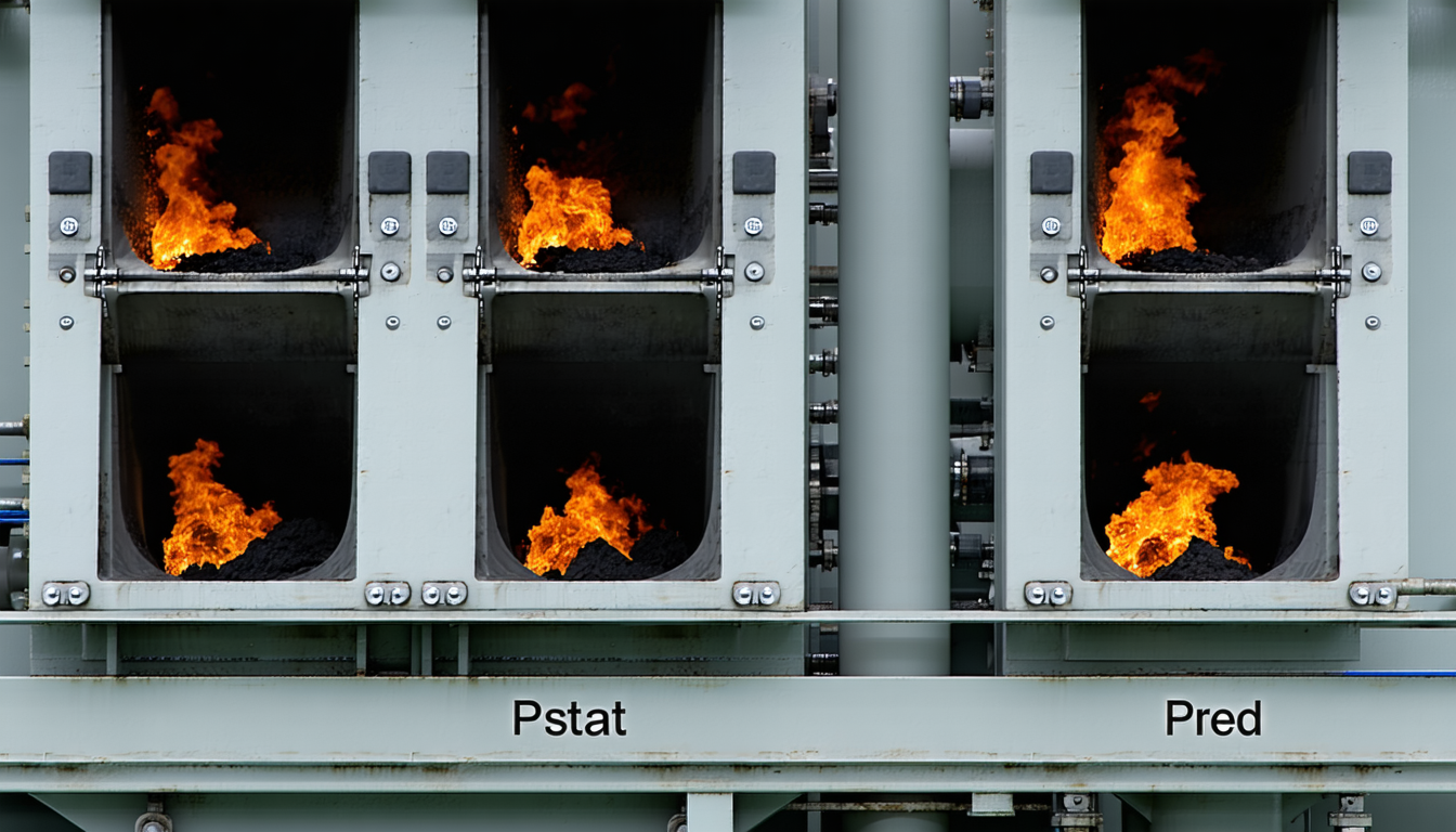 Explosion vent panels at bursting point, showing Pstat and Pred pressures.
