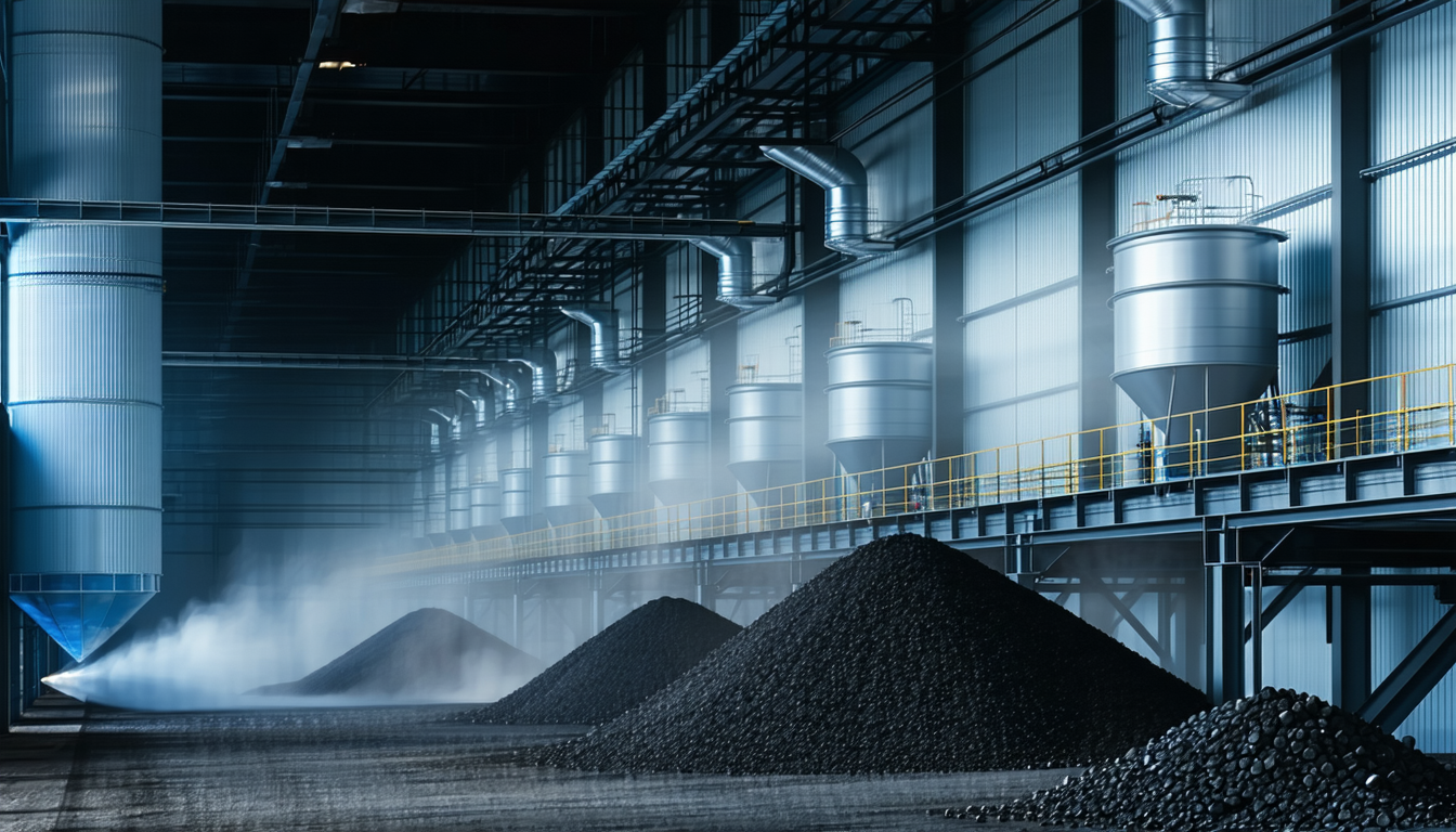 Coal storage area with active dust collection system and monitoring devices.