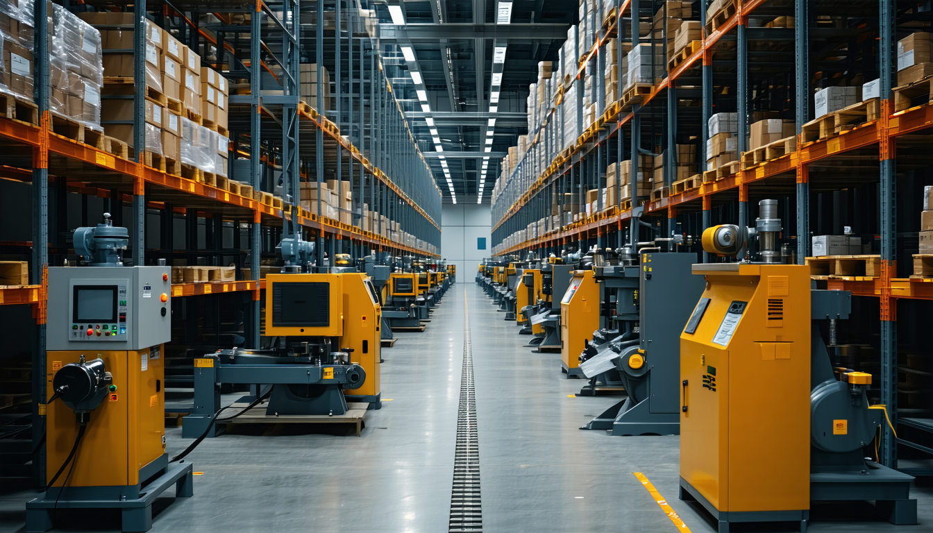 Inventory room with labeled dust-handling machinery.