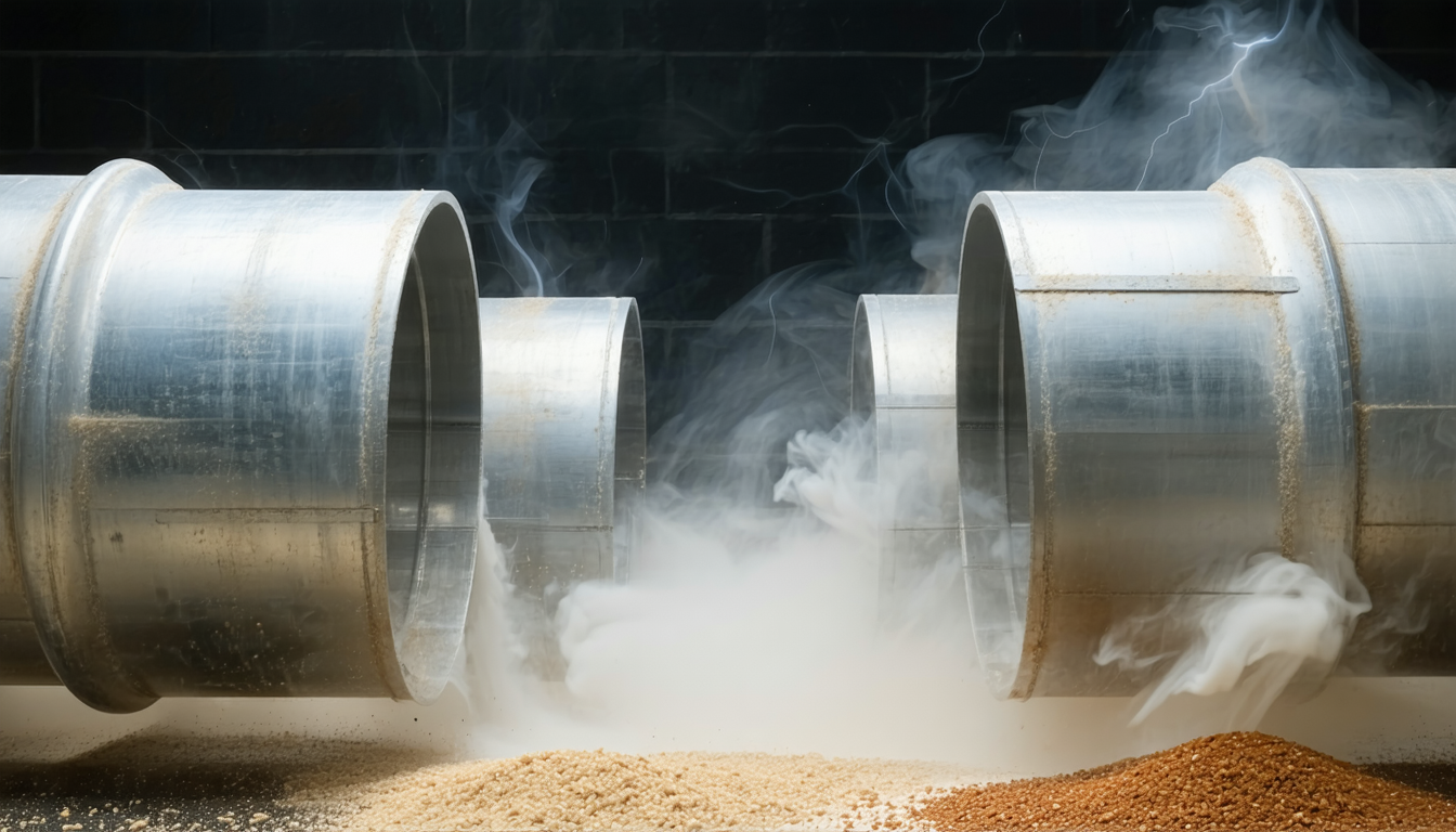 PVC ductwork with wood dust inside, showing static electricity risk.