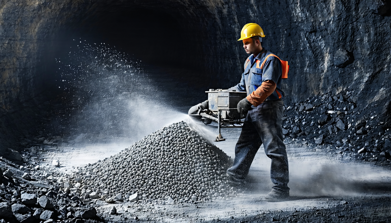 Miner applying rock dust in a coal mine to prevent explosions.