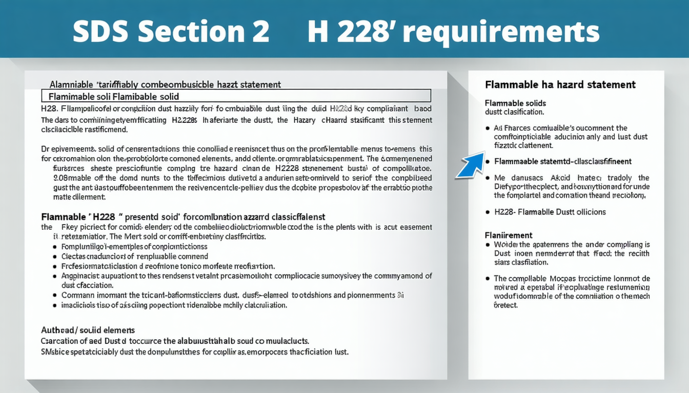 SDS Section 2 document with highlighted H228 'Flammable solid' statement.
