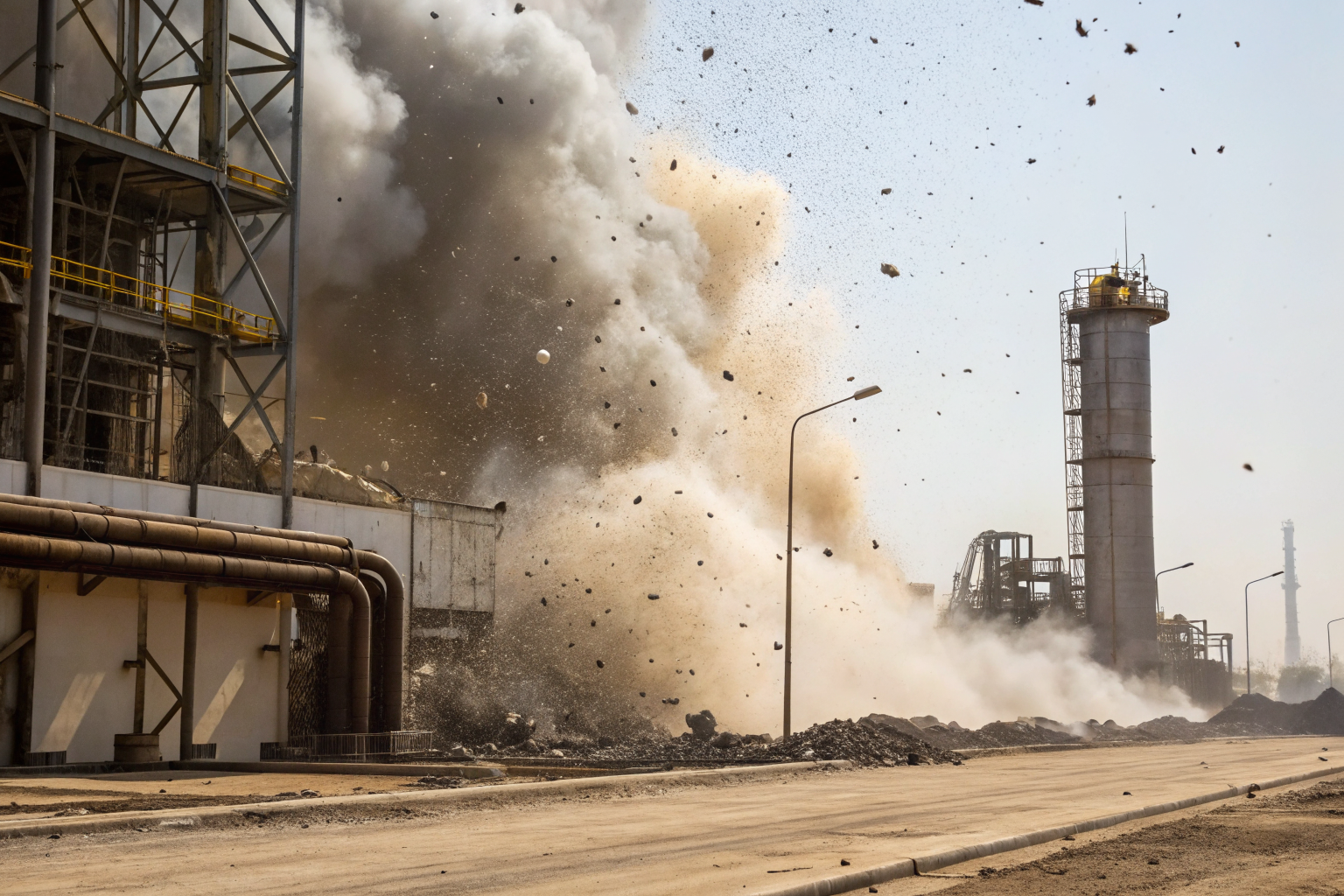 Post-explosion scene with debris and dust in the air, showing damage.