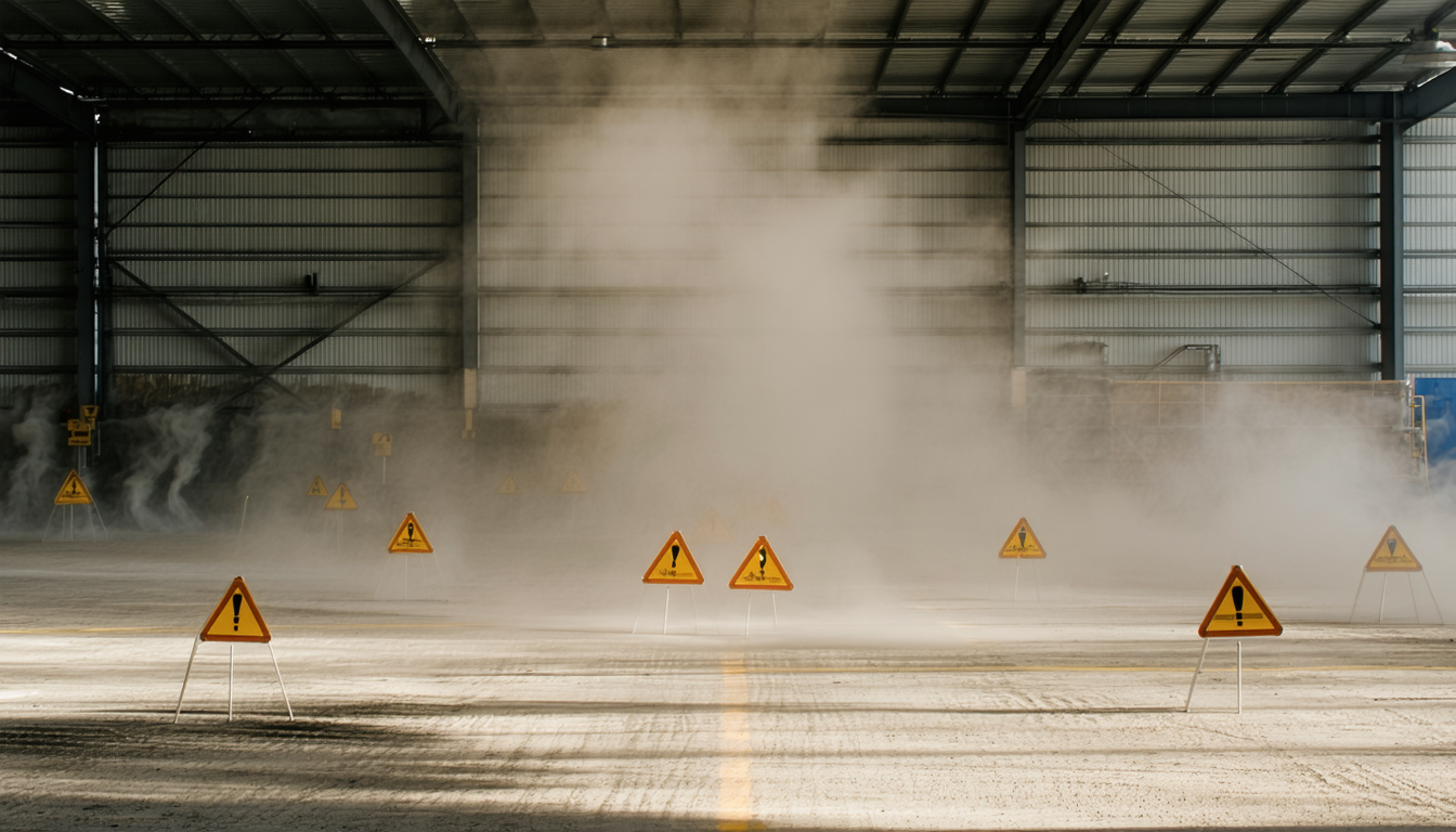 Warning signs in a dusty industrial area.