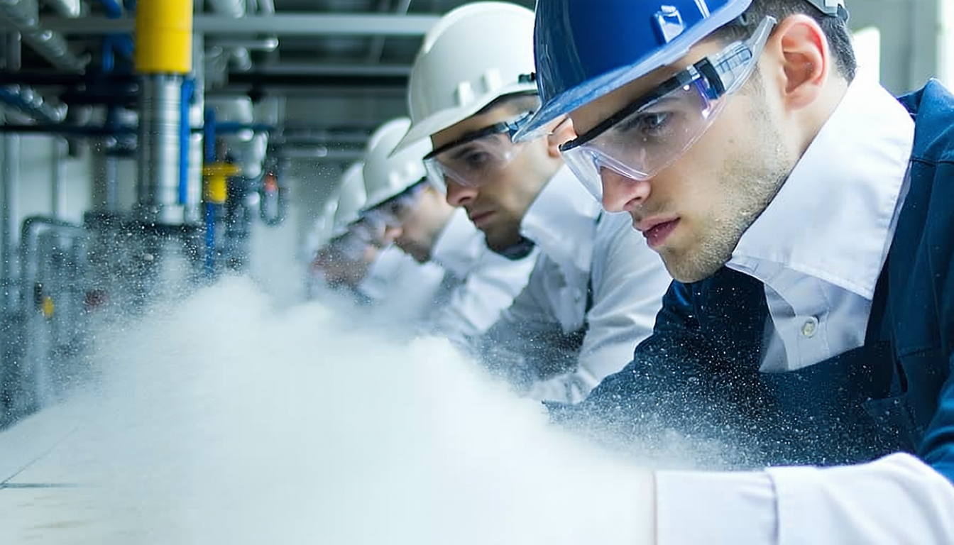 Engineers calibrating ductwork for optimal transport velocity in dust system.
