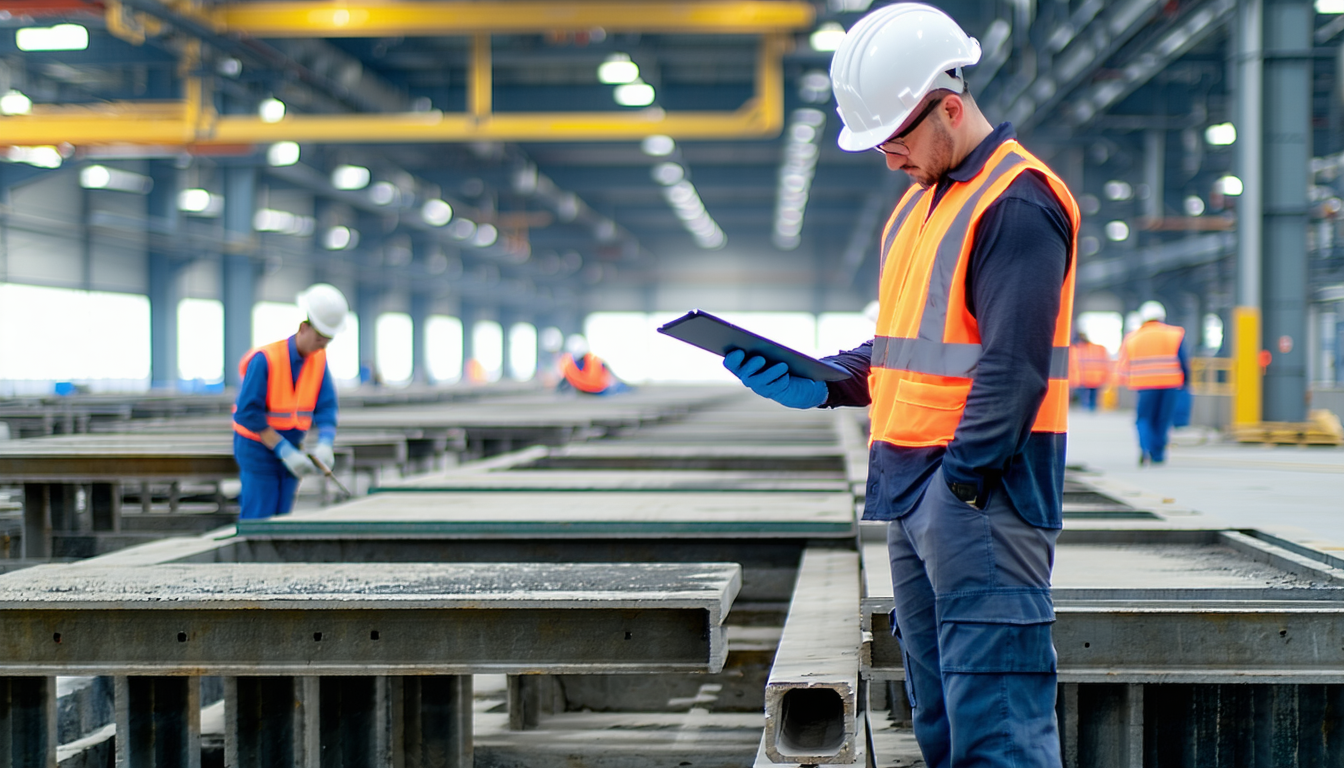 Inspectors assessing dust on factory beams and ledges.