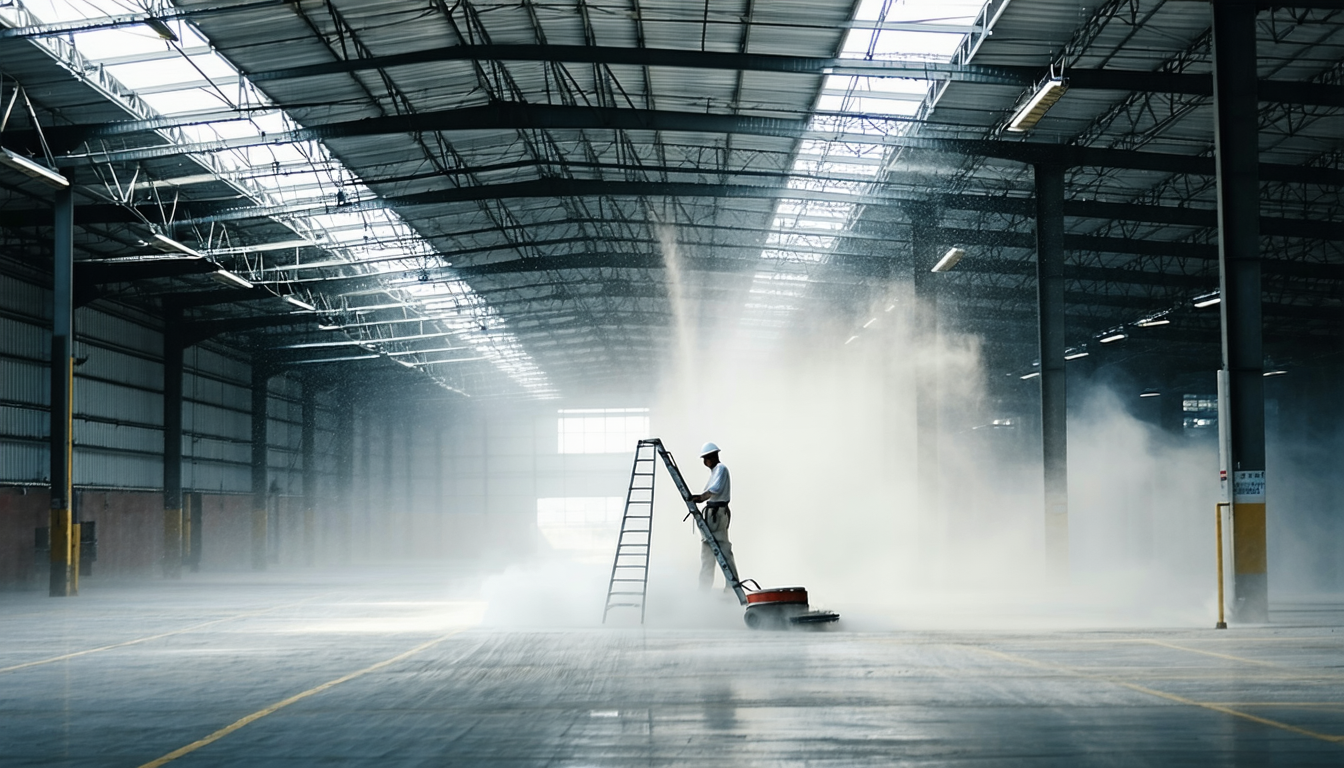 Worker on ladder cleaning dust from high surfaces in warehouse.