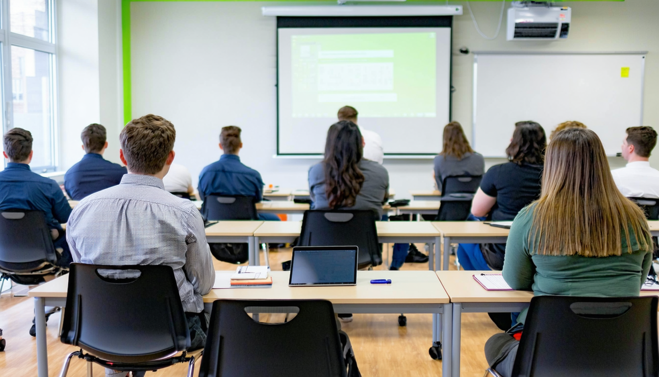Safety presentation on combustible dust hazards in a classroom setup.