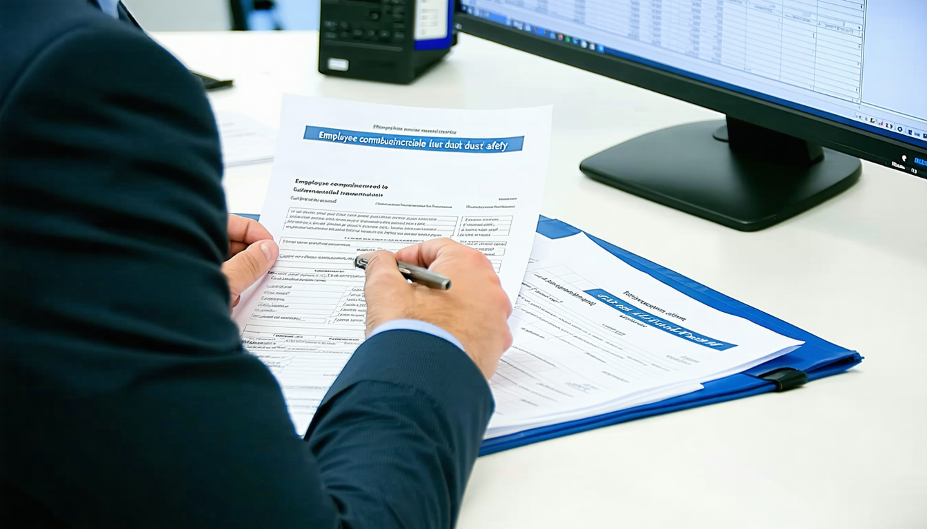 Manager reviewing detailed training records for combustible dust safety.