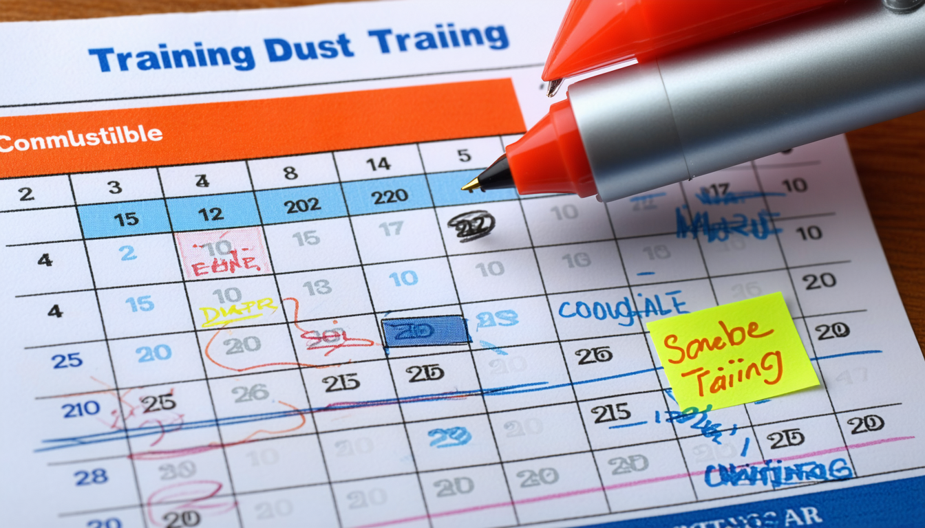 Calendar with scheduled combustible dust training sessions.