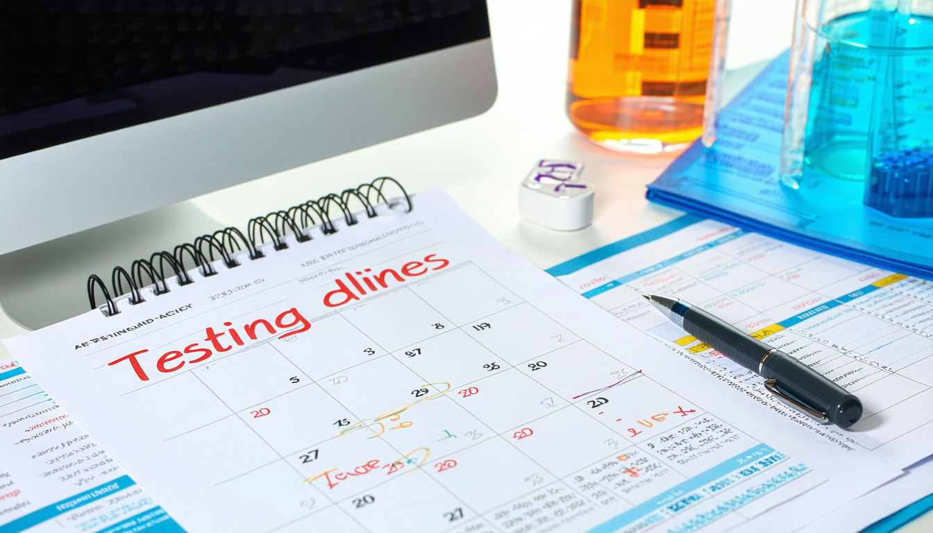 Office calendar with marked testing deadlines and paperwork nearby.