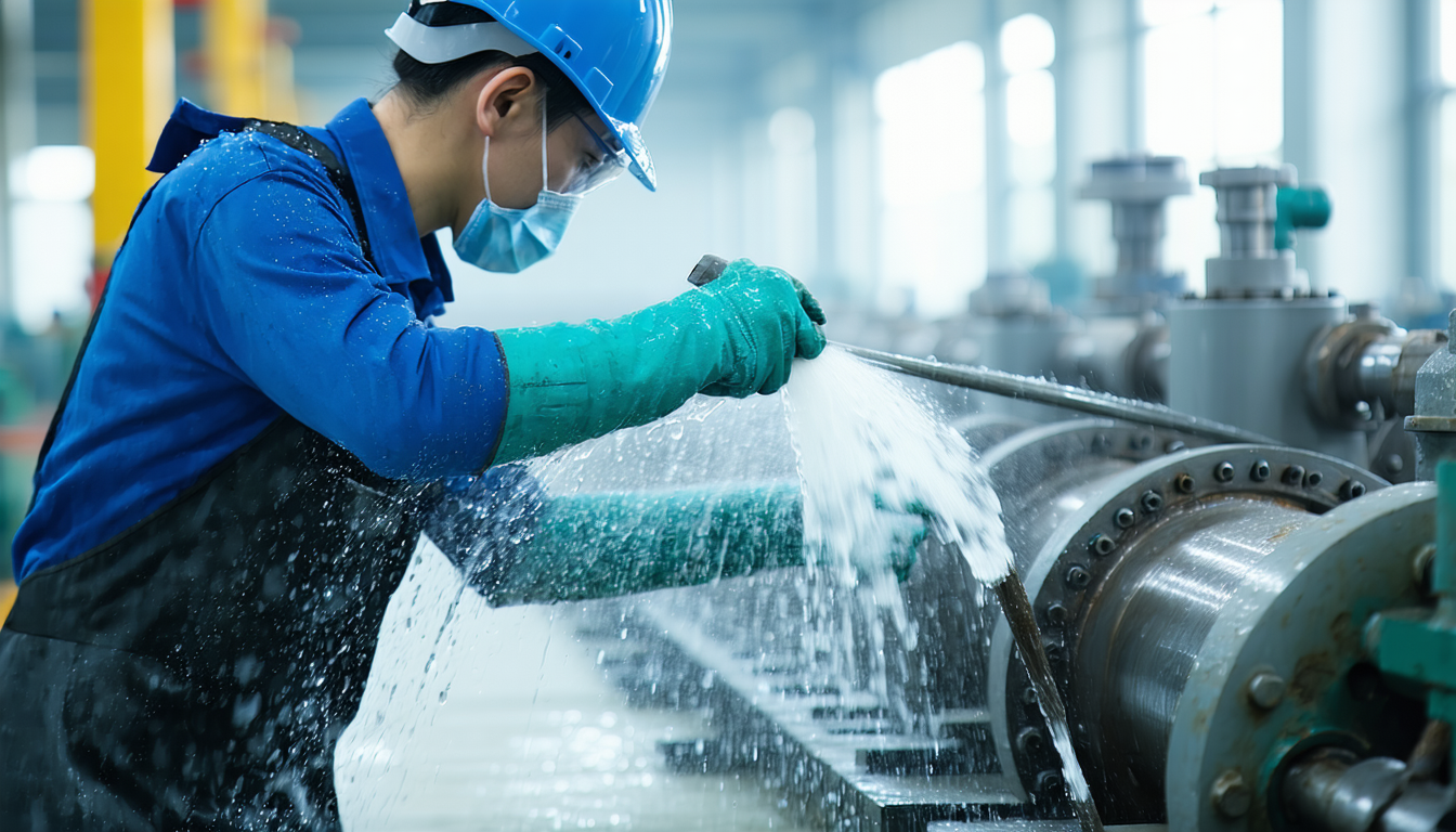 Worker using water for dust cleaning on factory machinery.