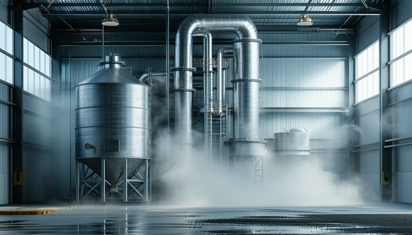 Metal dust collector in industrial setting, built for blast pressure containment.