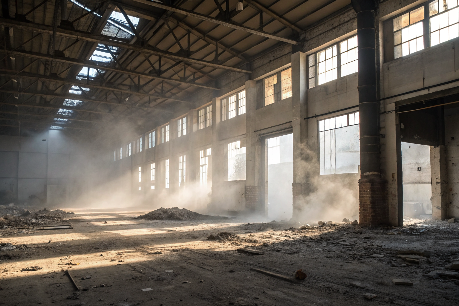 Sugar building interior with dust and debris in the air.