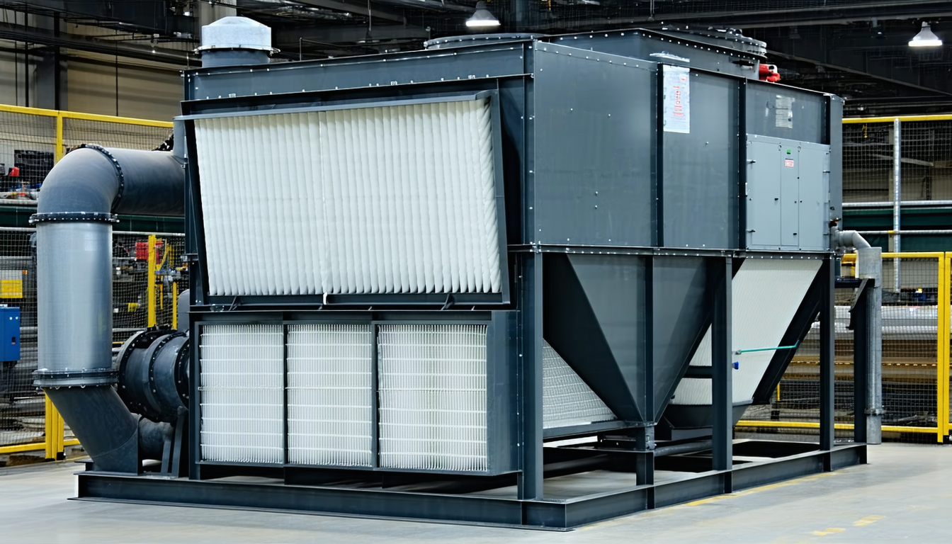 Open dust collector filters in a workshop setting.