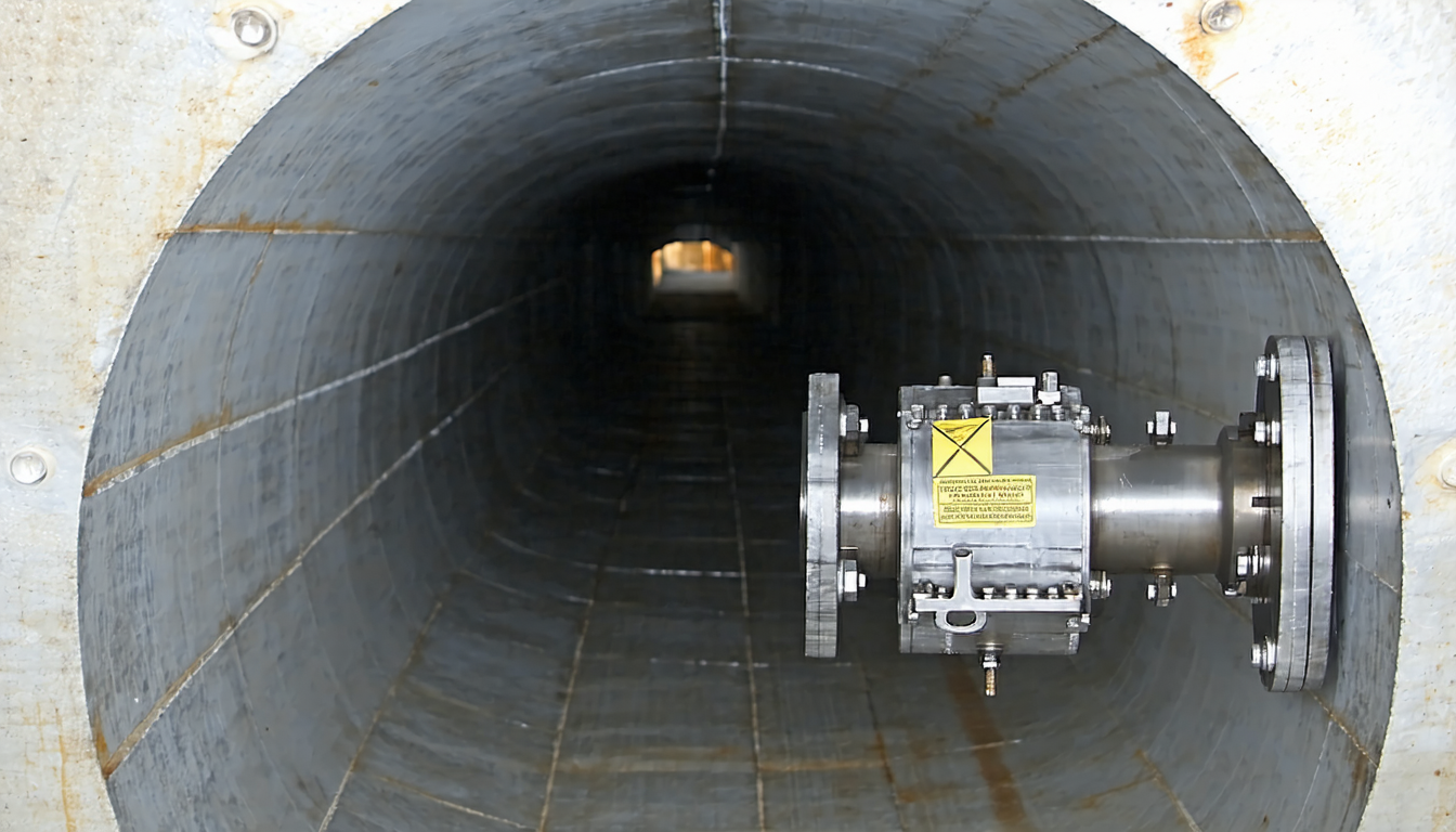 Close-up of explosion isolation valve in ductwork.