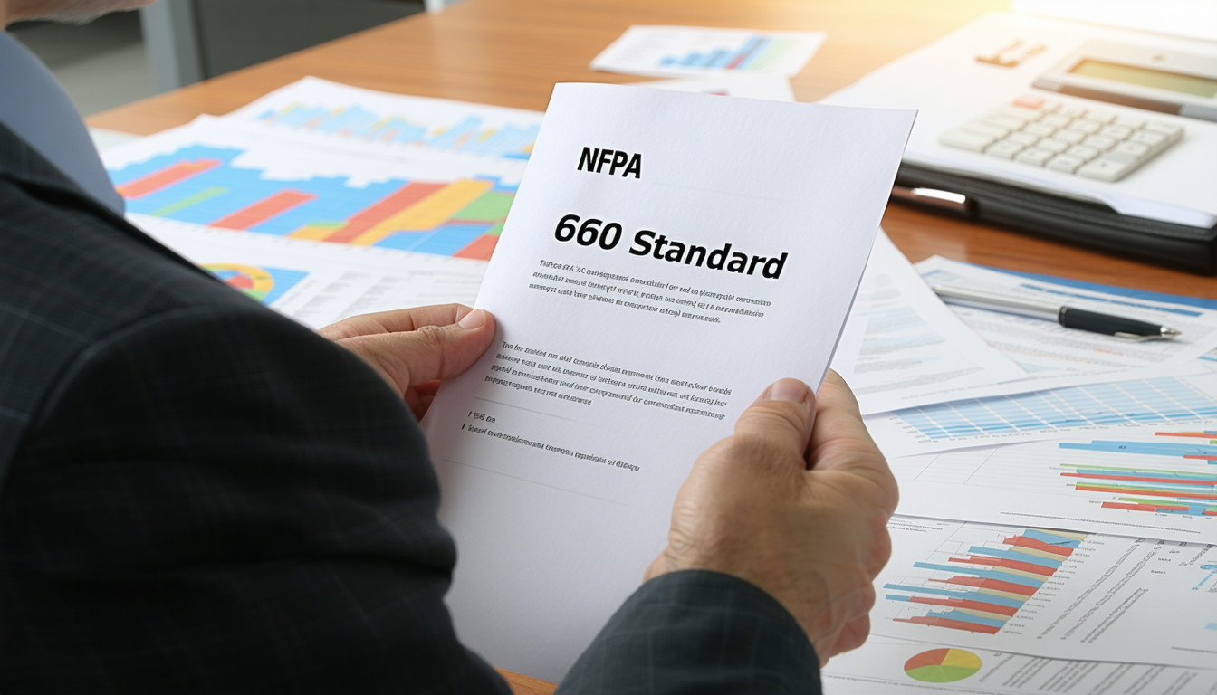 Facility manager reviewing NFPA 660 standard document.