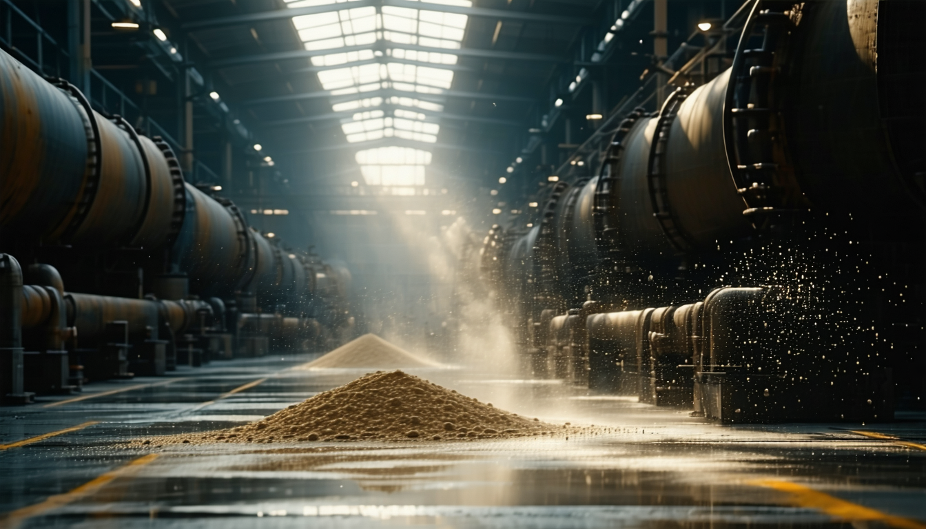 Industrial facility with visible dust particles and potential ignition sources.