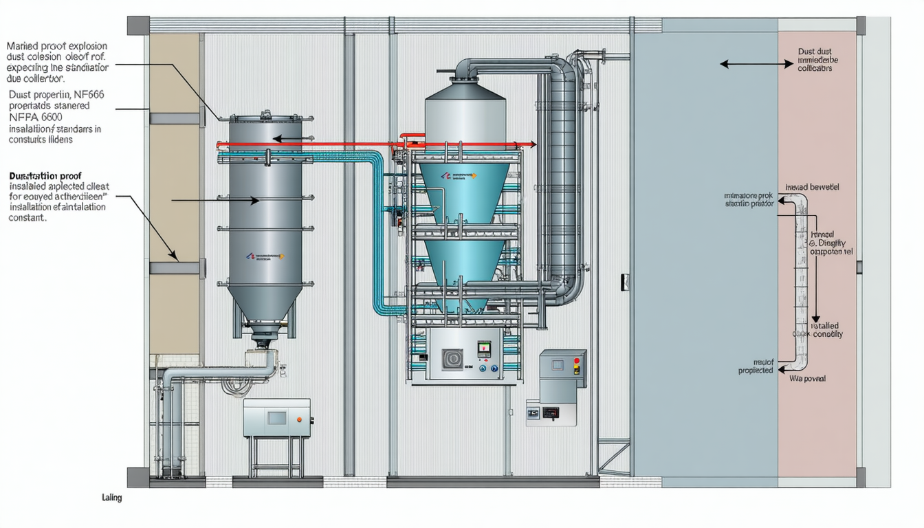 Facility layout with explosion proof dust collector, showing NFPA 660 compliance.