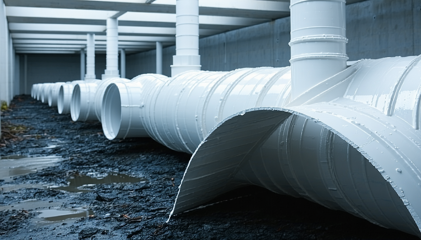Close-up of PVC ductwork highlighting insulating properties.