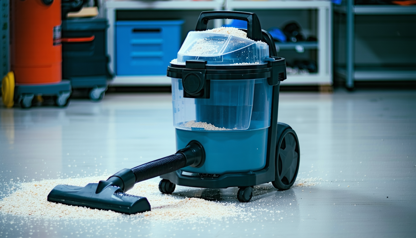 Plastic shop vacuum surrounded by dust particles in workshop.