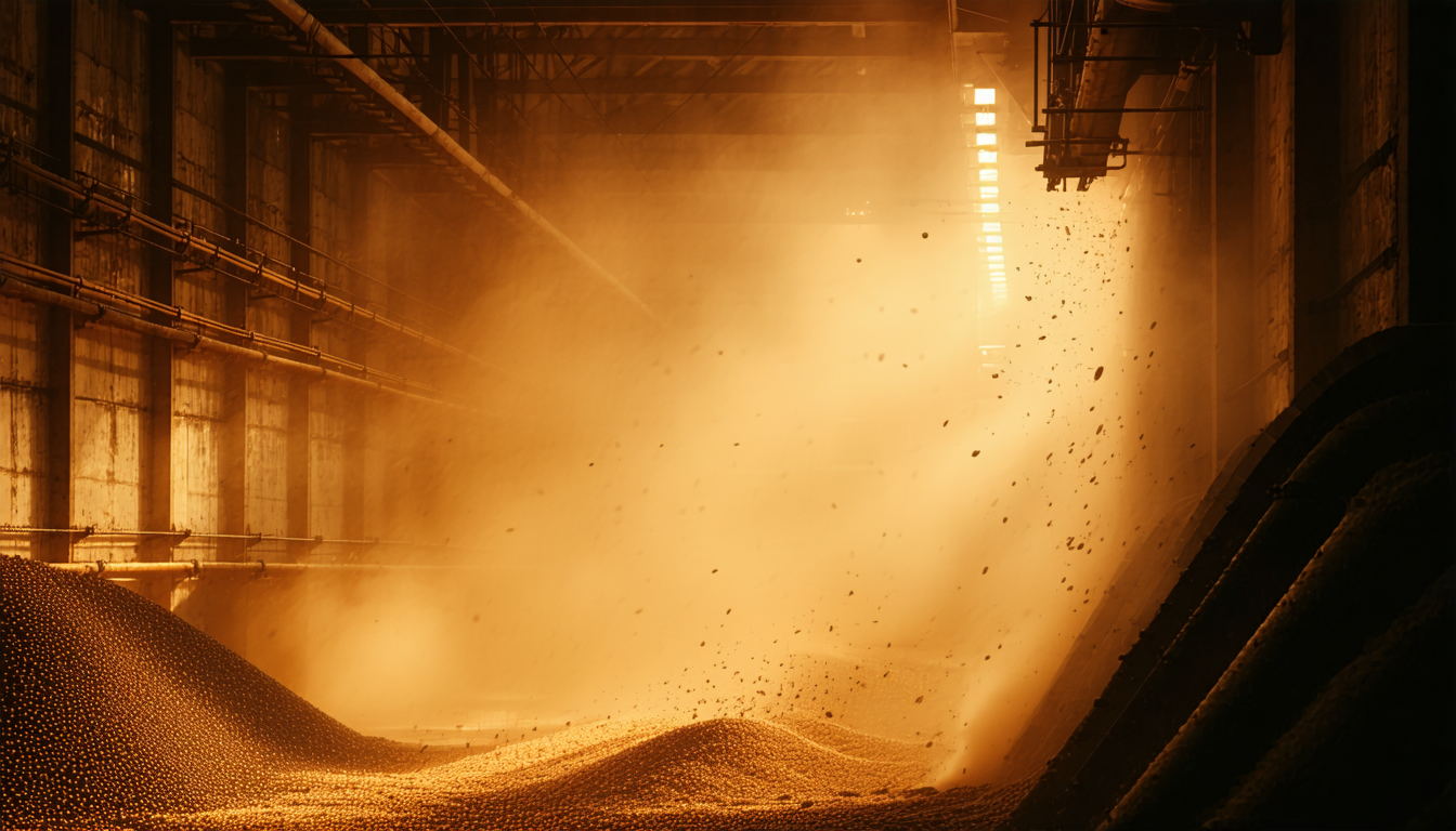 Interior of a grain elevator with airborne dust particles.