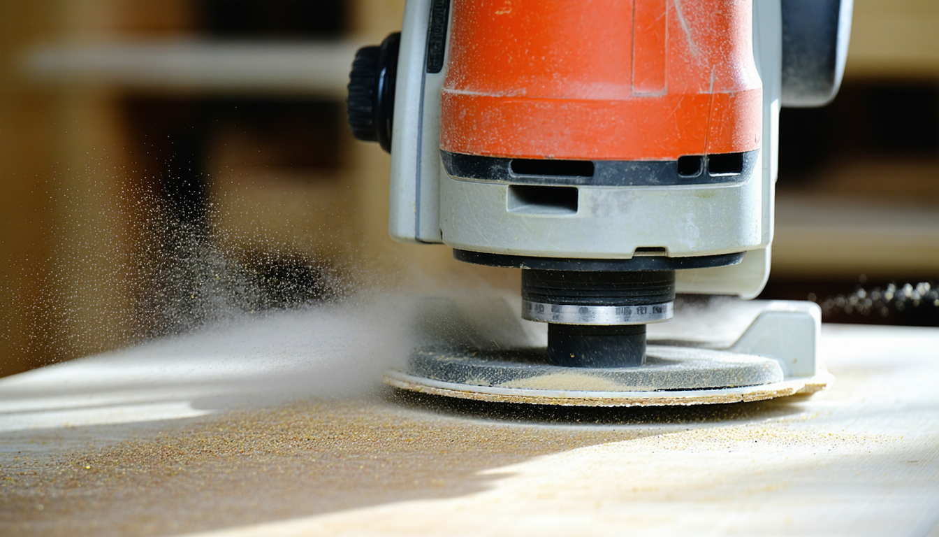 Cabinet shop with orbital sanding, fine dust particles visible.