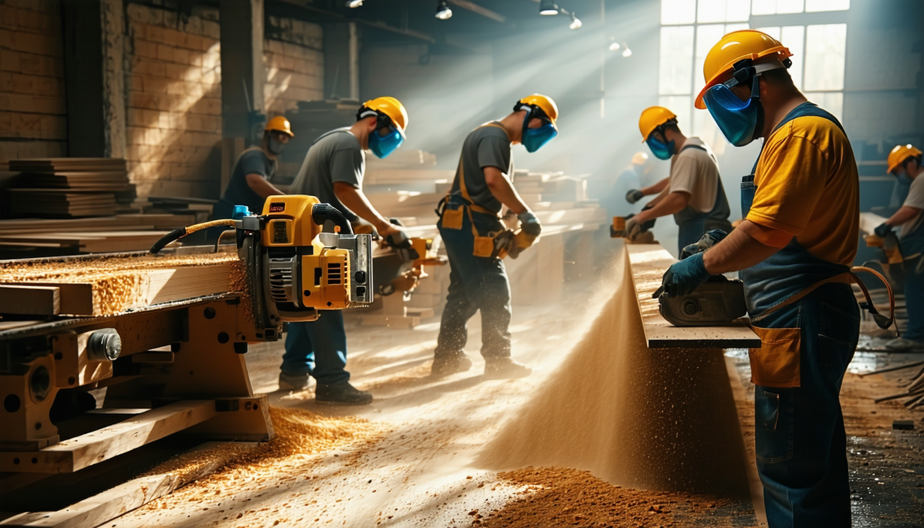 Woodworking shop with workers, safety gear, and sawdust.